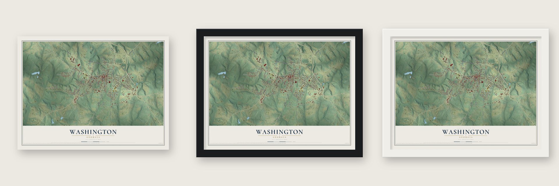 Washington, Georgia map unframed, in a black wood frame and in a white wood frame
