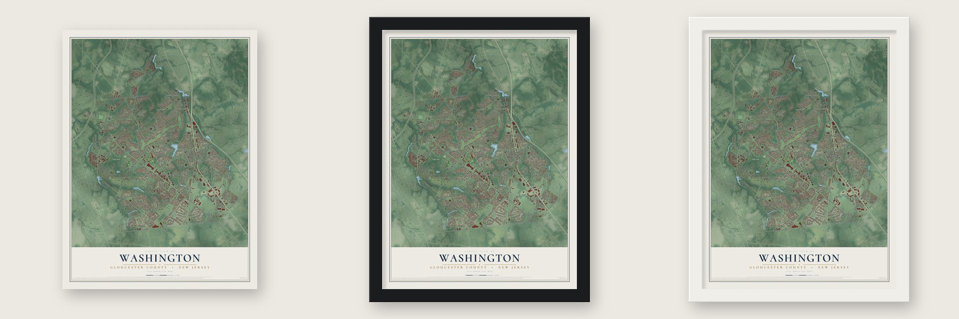 Washington, Gloucester County, New Jersey map unframed, in a black wood frame and in a white wood frame