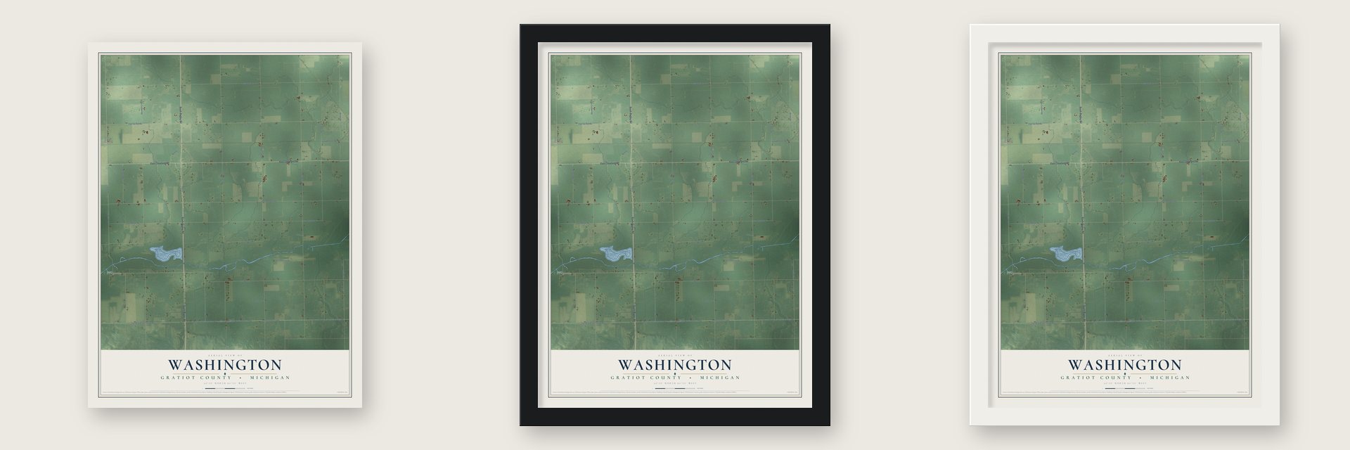 Washington, Gratiot County, Michigan map unframed, in a black wood frame and in a white wood frame