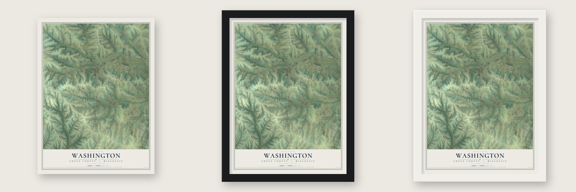 Washington, Green County, Wisconsin map unframed, in a black wood frame and in a white wood frame