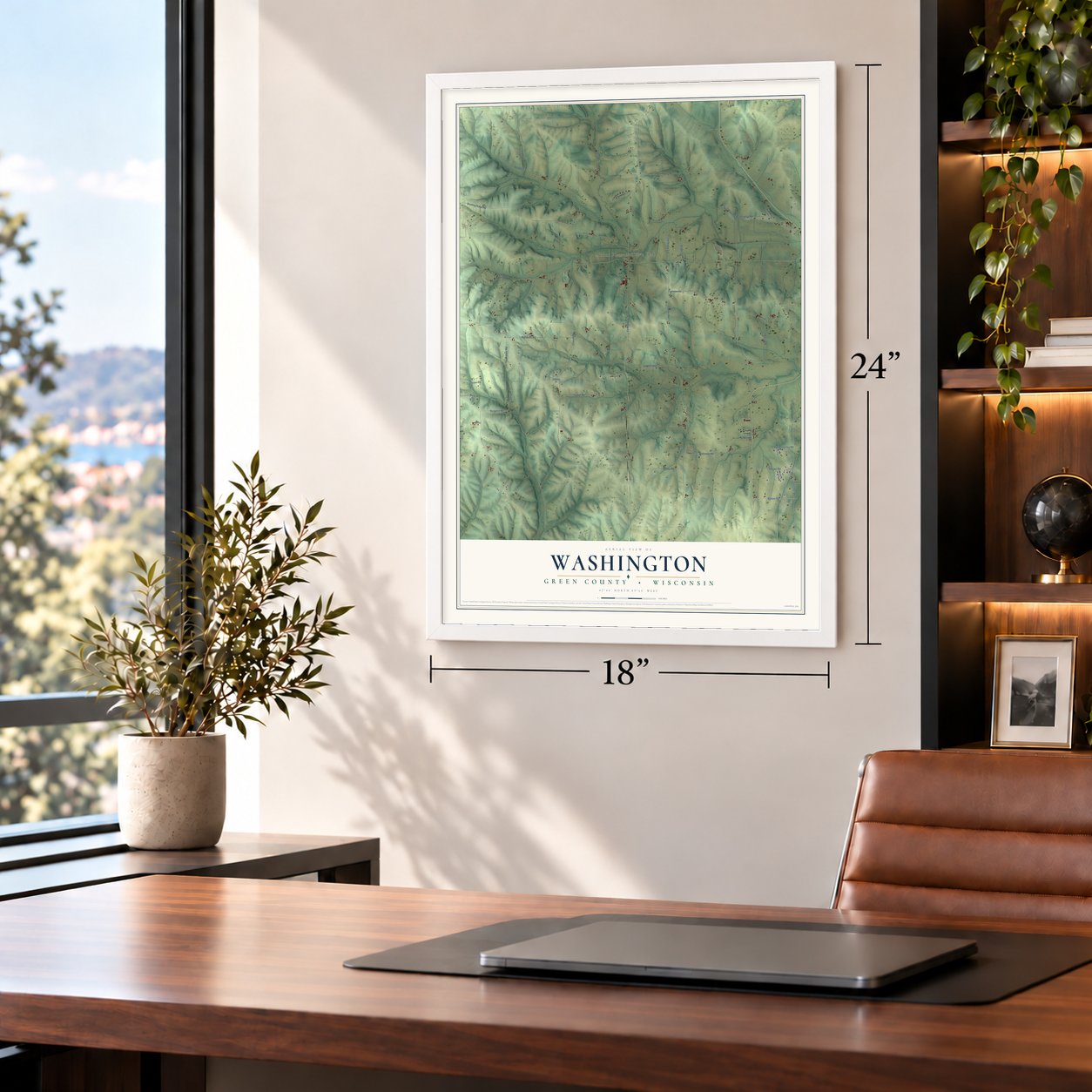Washington, Green County, Wisconsin map, 18 x 24 inch print in a white frame in a home office