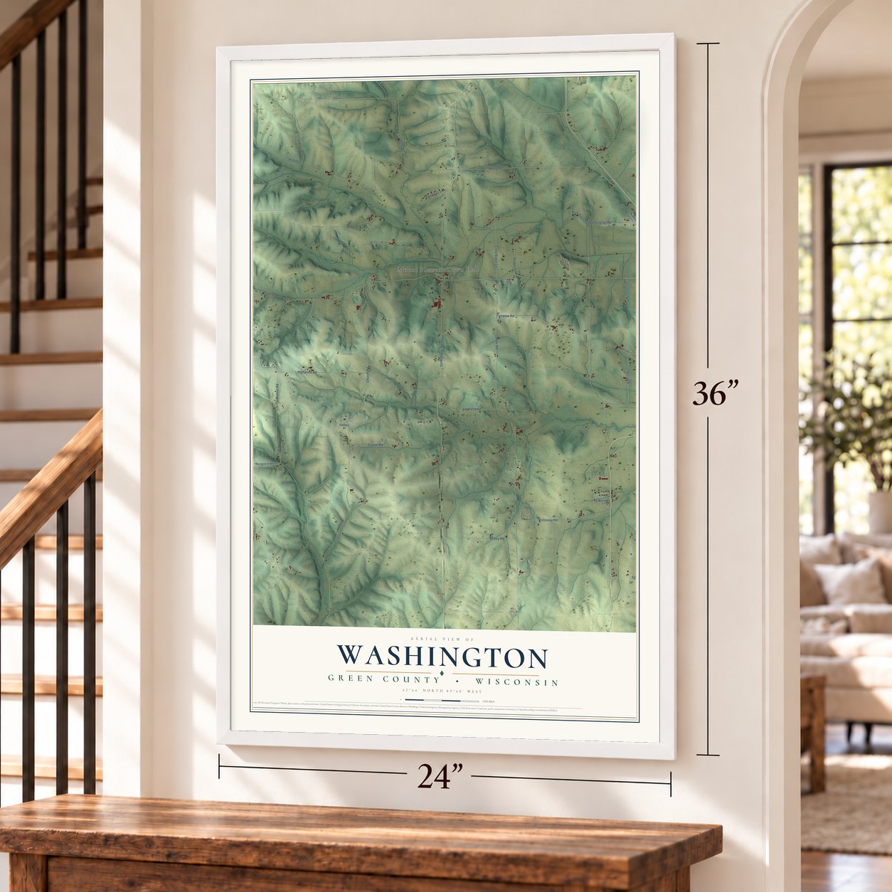 Washington, Green County, Wisconsin map, 24 x 36 inch print in a white frame by a staircase