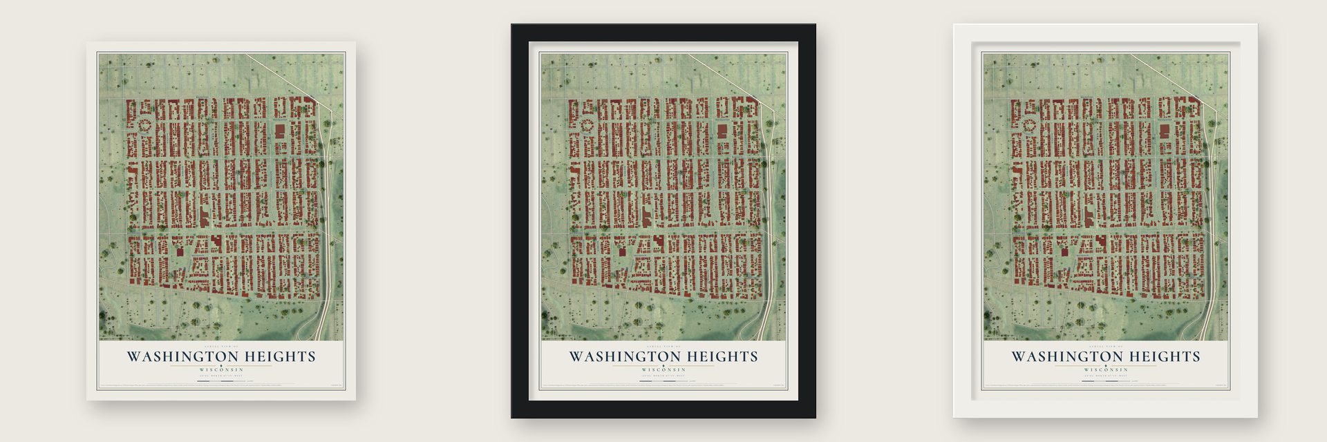Washington Heights, Wisconsin map unframed, in a black wood frame and in a white wood frame