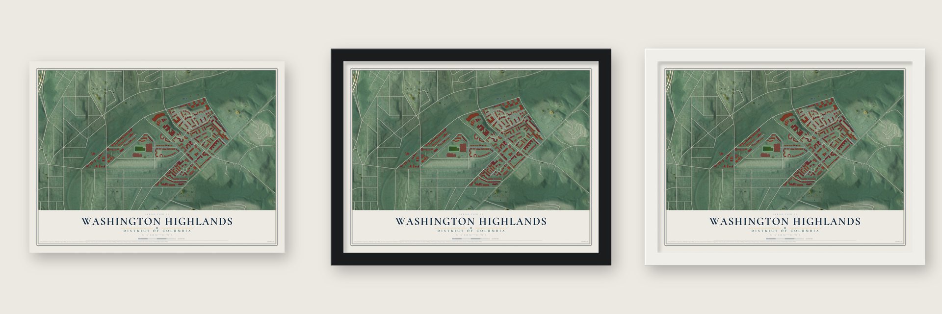 Washington Highlands, District of Columbia map unframed, in a black wood frame and in a white wood frame