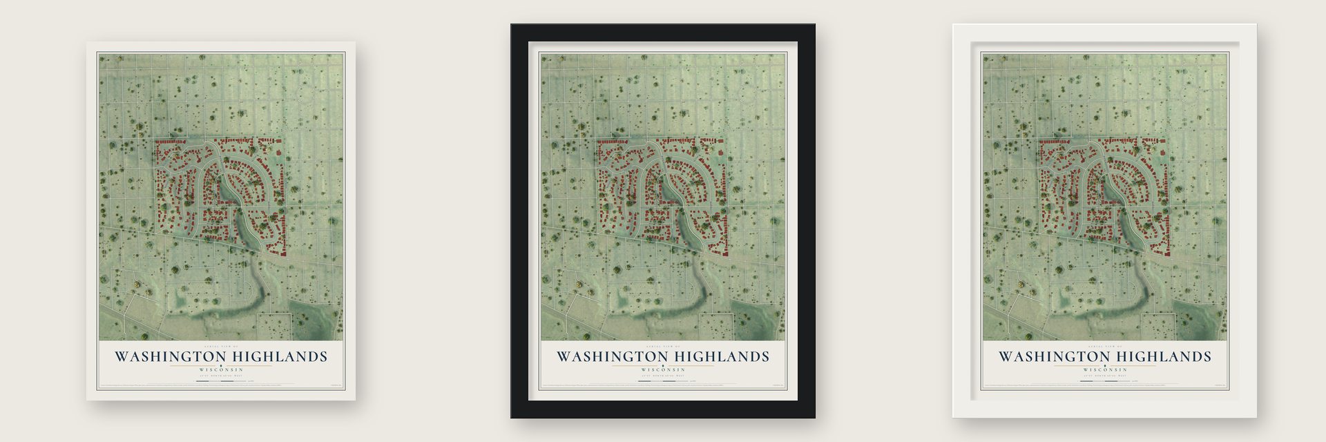 Washington Highlands, Wisconsin map unframed, in a black wood frame and in a white wood frame