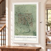 Washington Highlands, Wisconsin map, 24 x 36 inch print in a white frame by a staircase