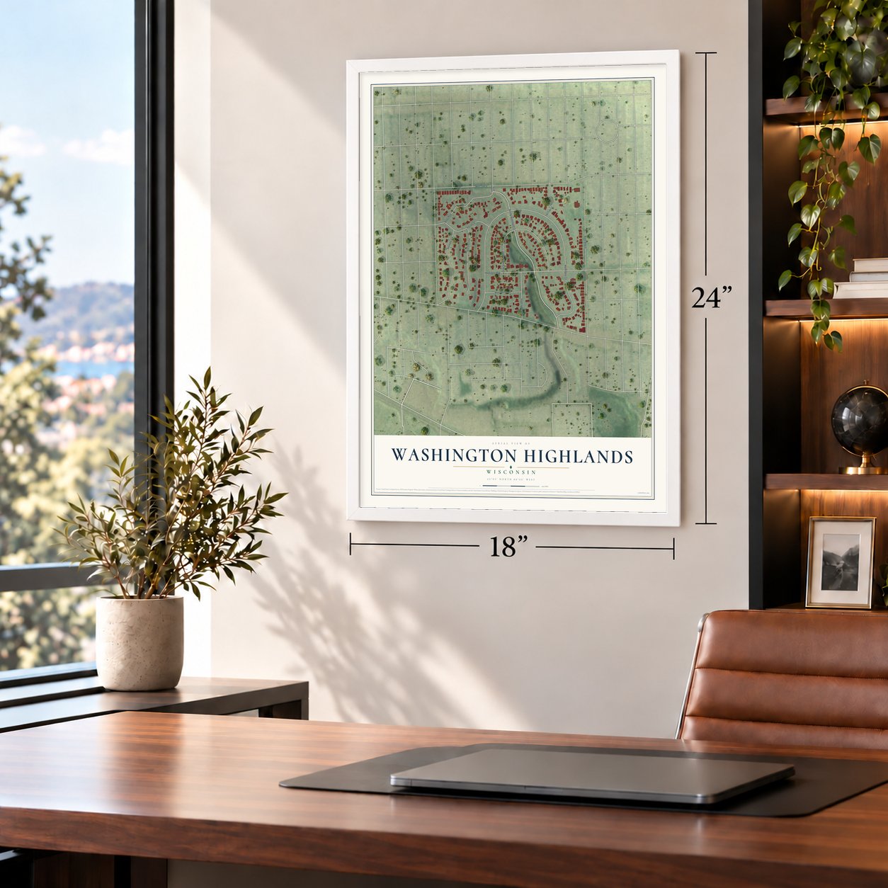 Washington Highlands, Wisconsin map, 18 x 24 inch print in a white frame in a home office