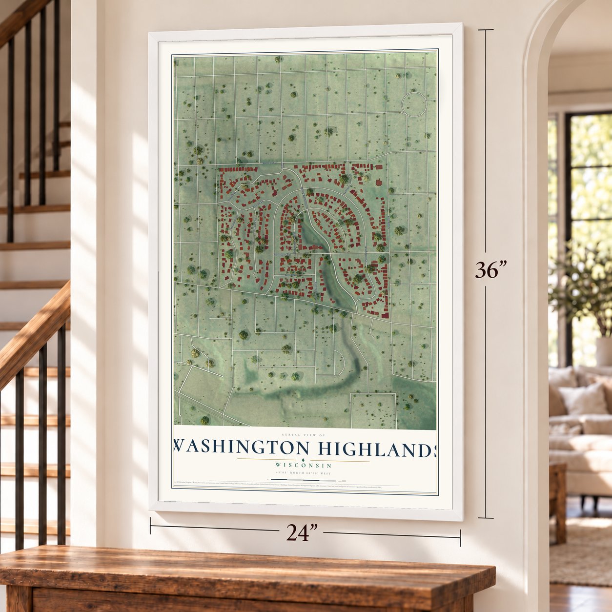 Washington Highlands, Wisconsin map, 24 x 36 inch print in a white frame by a staircase