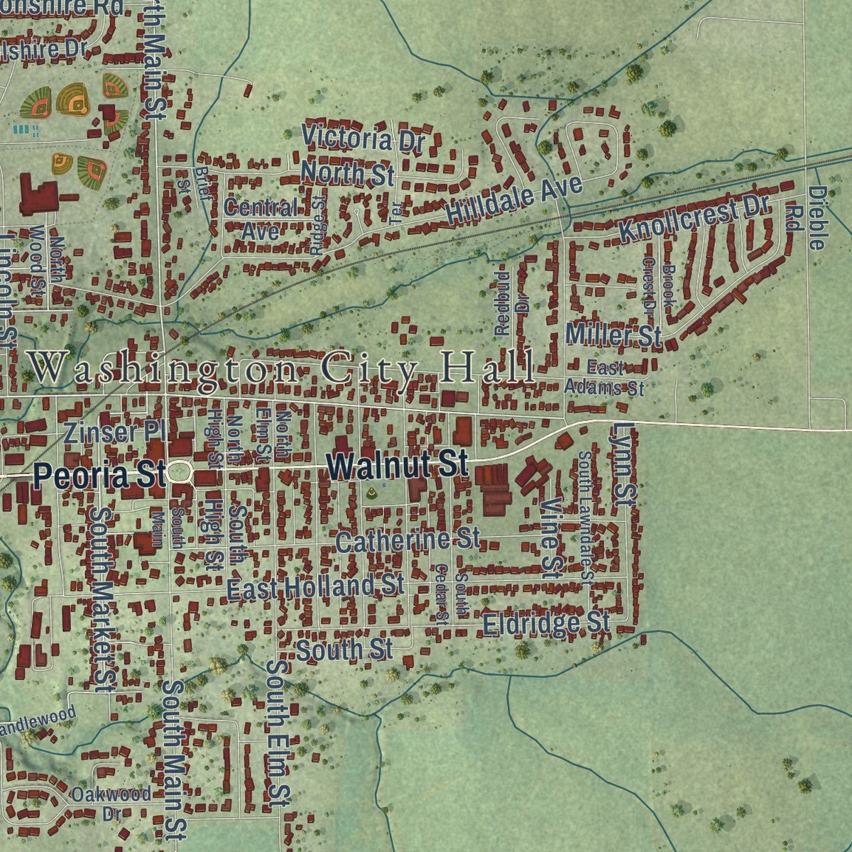 Second close-up of the map of Washington, Illinois print showing more streets and buildings