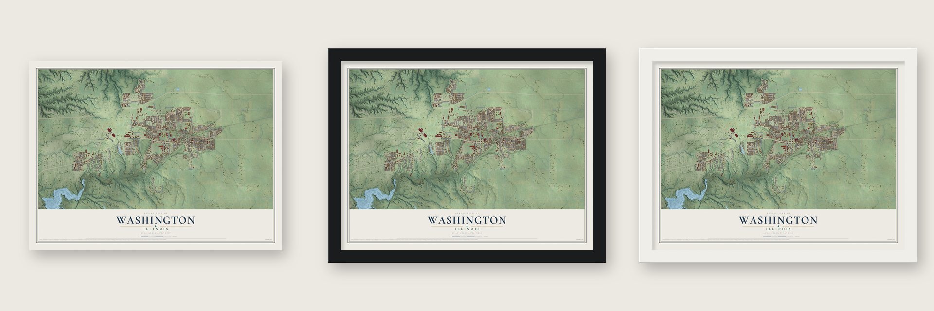 Washington, Illinois map unframed, in a black wood frame and in a white wood frame