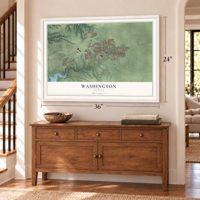 Washington, Illinois map, 24 x 36 inch print in a white frame above a dresser by a staircase