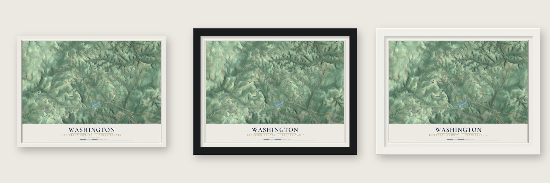 Washington, Jefferson County, Pennsylvania map unframed, in a black wood frame and in a white wood frame