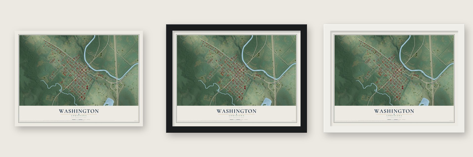 Washington, Louisiana map unframed, in a black wood frame and in a white wood frame