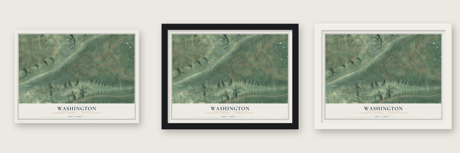 Washington, Lycoming County, Pennsylvania map unframed, in a black wood frame and in a white wood frame