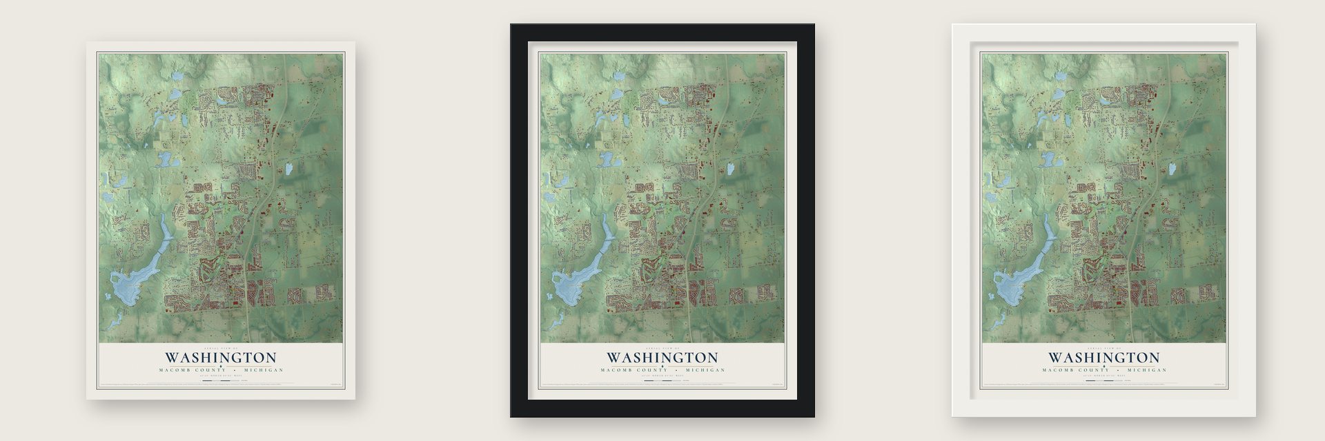Washington, Macomb County, Michigan map unframed, in a black wood frame and in a white wood frame