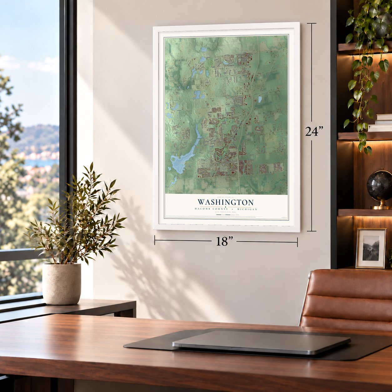 Washington, Macomb County, Michigan map, 18 x 24 inch print in a white frame in a home office