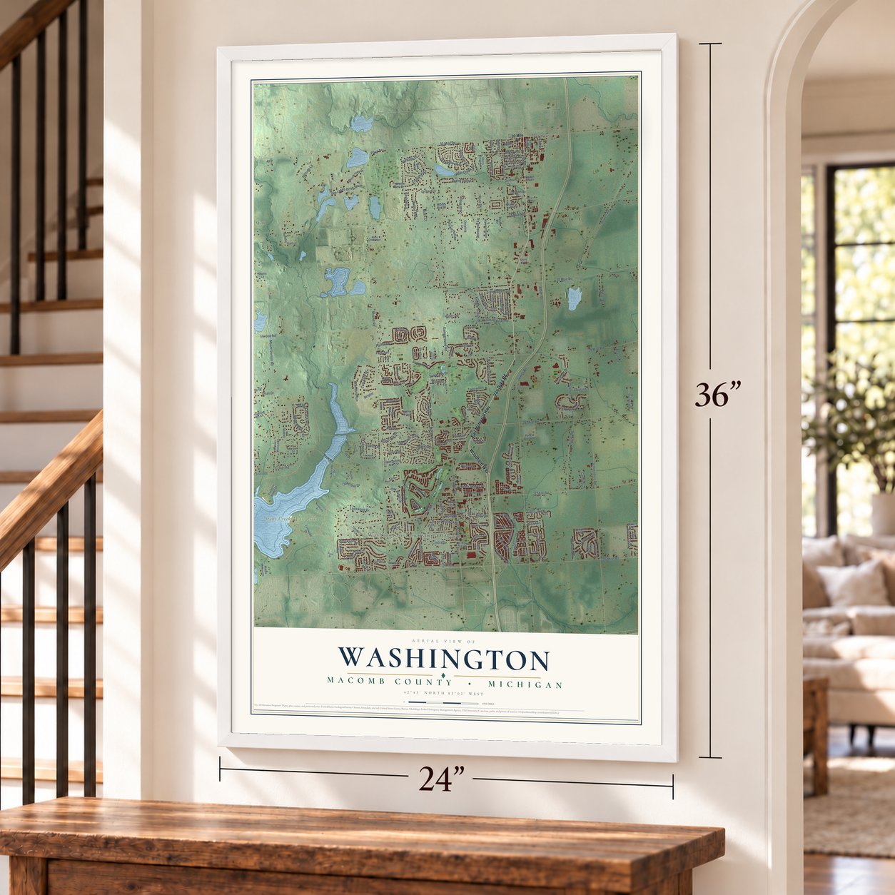 Washington, Macomb County, Michigan map, 24 x 36 inch print in a white frame by a staircase