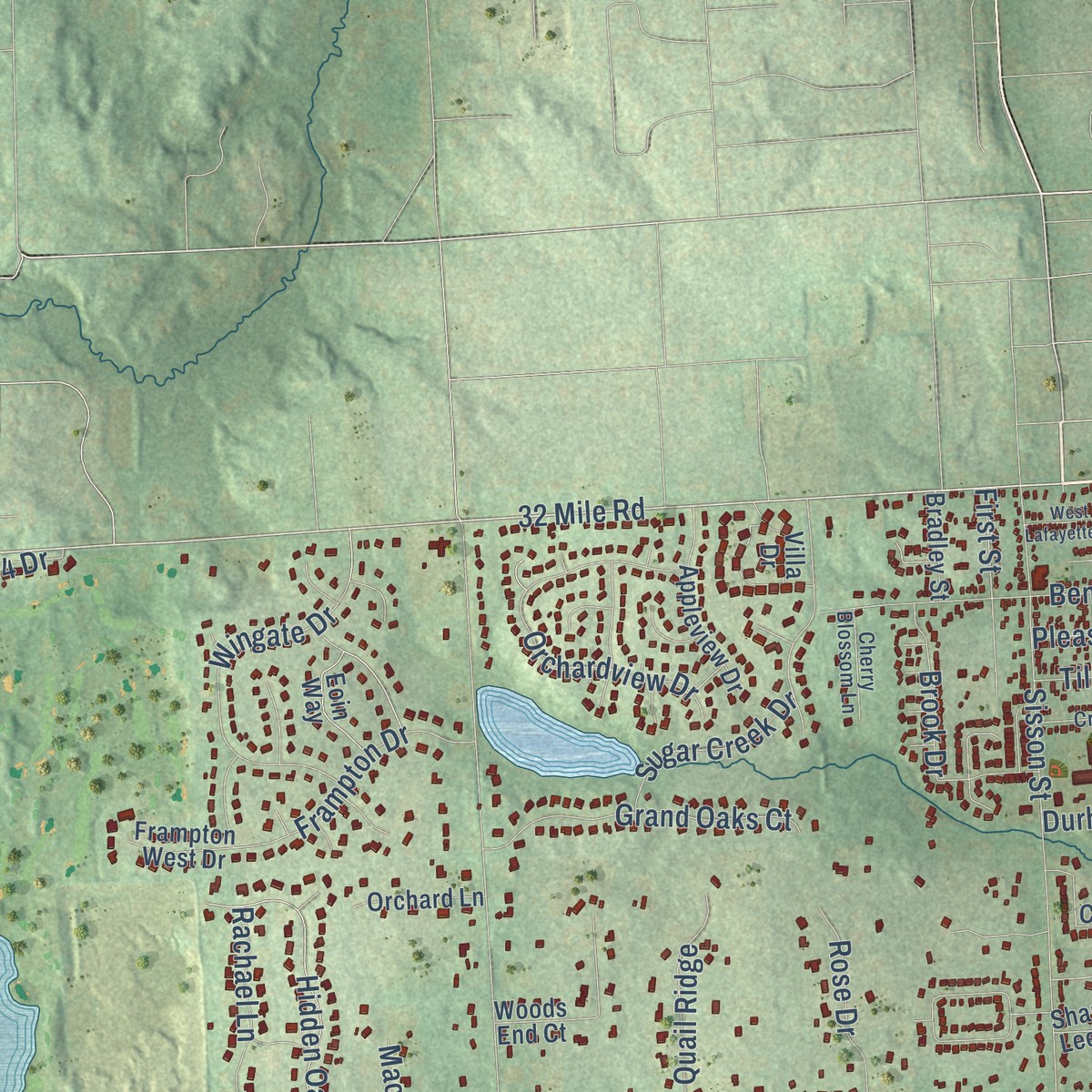 Second close-up of the map of Washington, Macomb County, Michigan print showing more streets and buildings