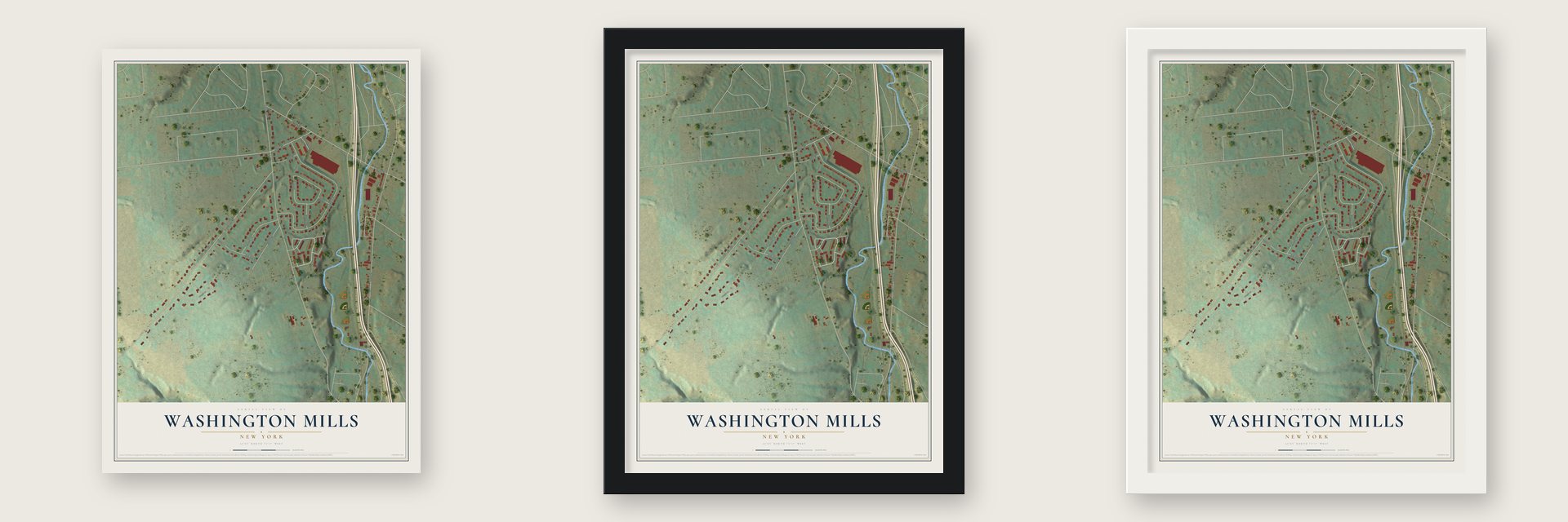 Washington Mills, New York map unframed, in a black wood frame and in a white wood frame