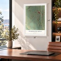Washington Mills, New York map, 18 x 24 inch print in a white frame in a home office