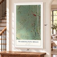 Washington Mills, New York map, 24 x 36 inch print in a white frame by a staircase