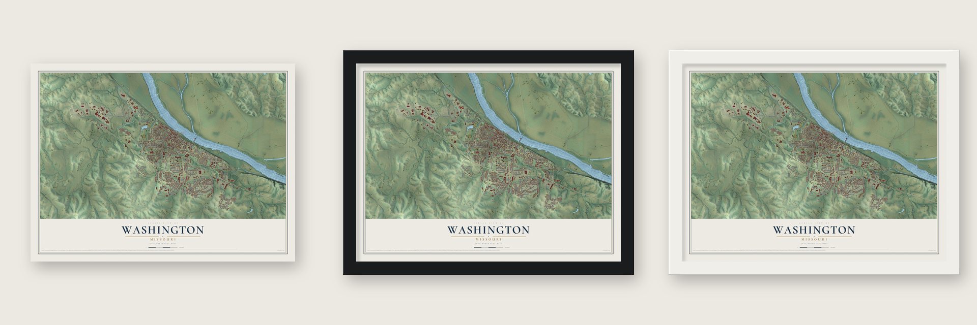 Washington, Missouri map unframed, in a black wood frame and in a white wood frame
