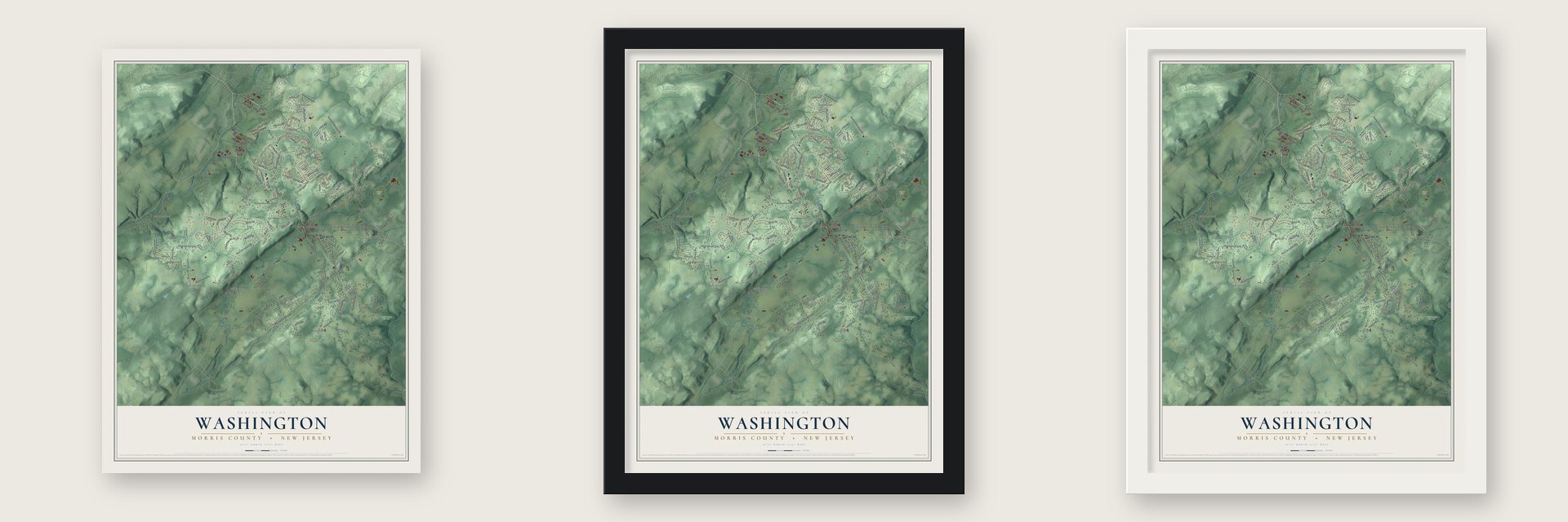 Washington, Morris County, New Jersey map unframed, in a black wood frame and in a white wood frame