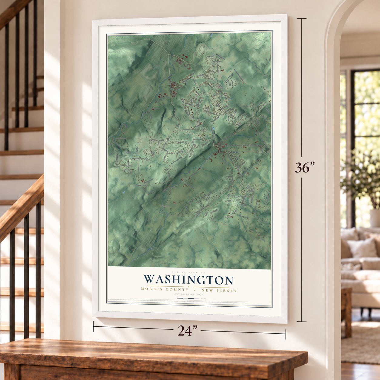 Washington, Morris County, New Jersey map, 24 x 36 inch print in a white frame by a staircase