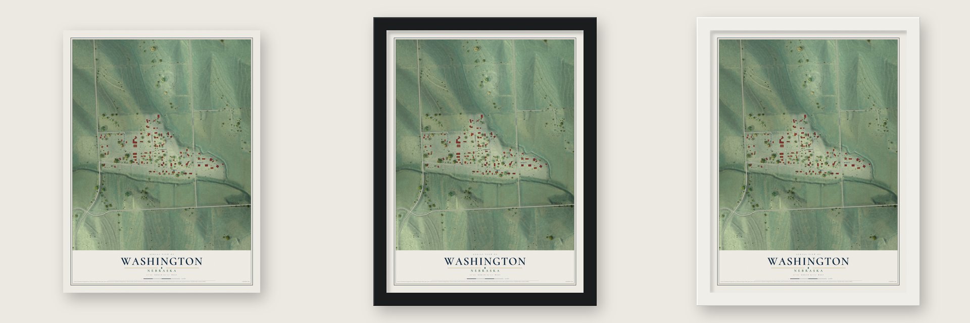Washington, Nebraska map unframed, in a black wood frame and in a white wood frame