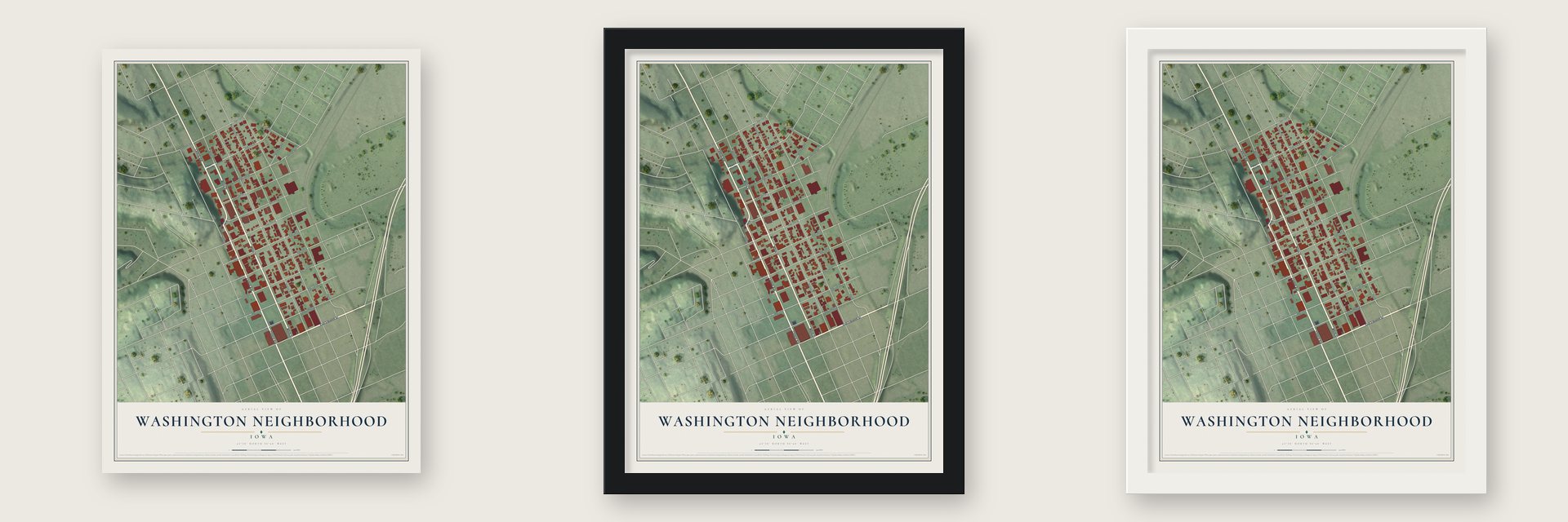 Washington Neighborhood, Iowa map unframed, in a black wood frame and in a white wood frame