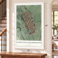 Washington Neighborhood, Iowa map, 24 x 36 inch print in a white frame by a staircase