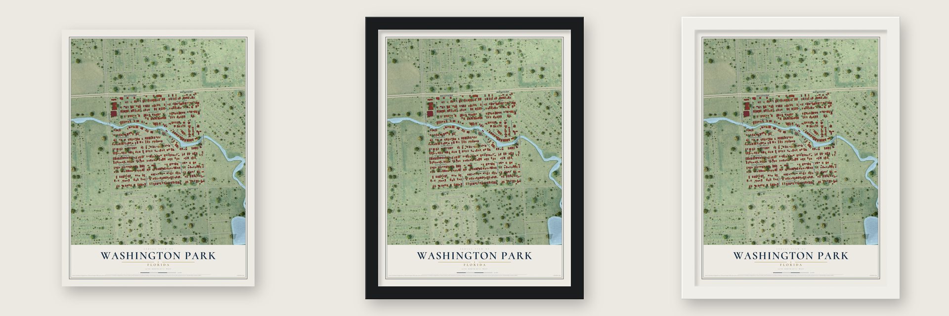 Washington Park, Florida map unframed, in a black wood frame and in a white wood frame