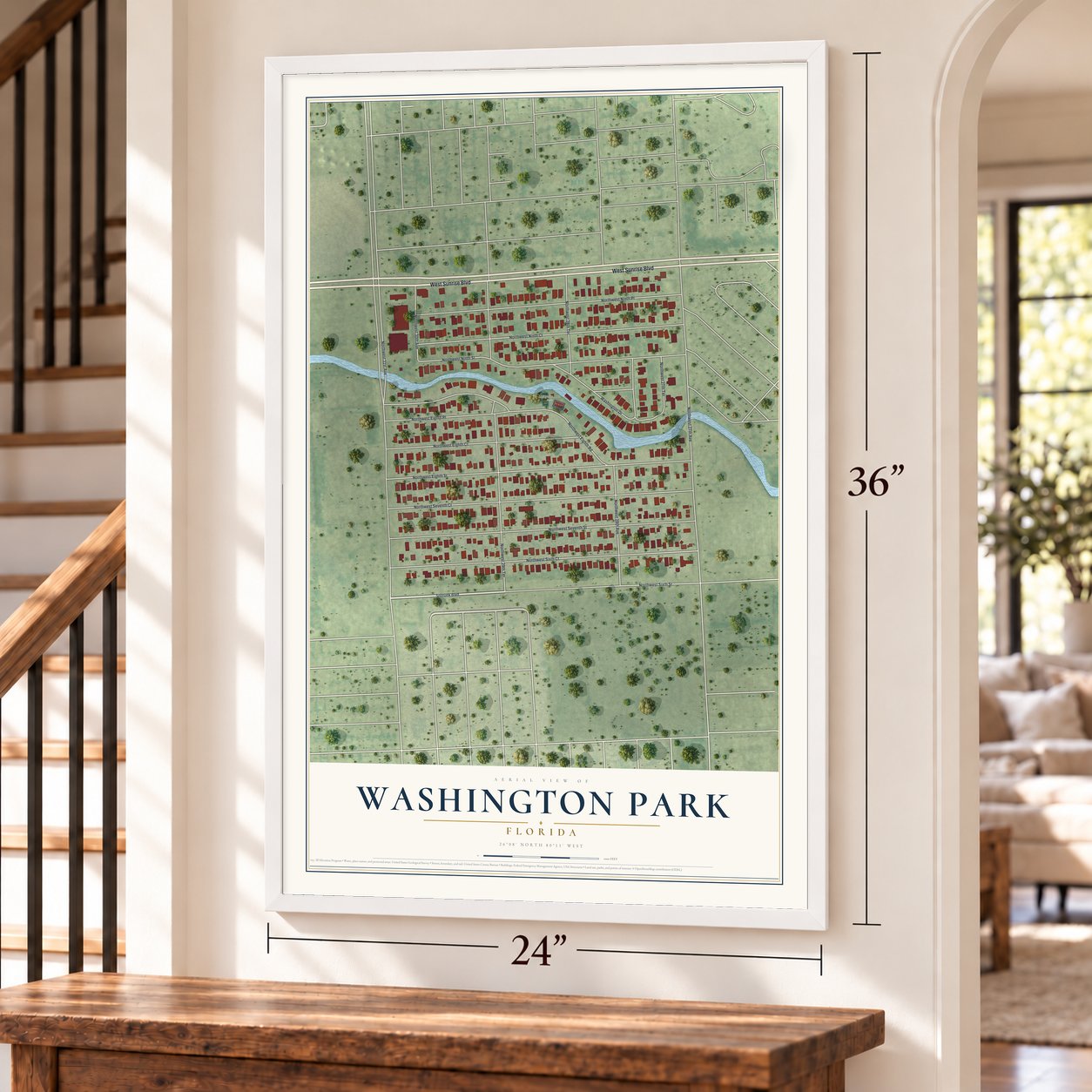 Washington Park, Florida map, 24 x 36 inch print in a white frame by a staircase
