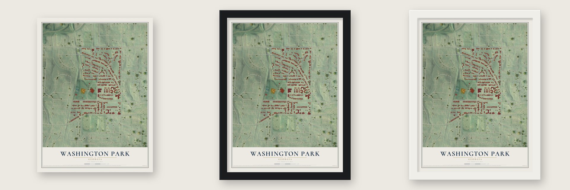Washington Park, Georgia map unframed, in a black wood frame and in a white wood frame