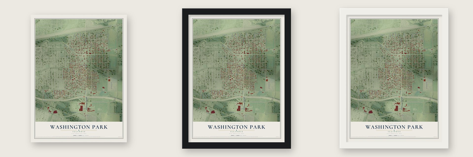 Washington Park, Illinois map unframed, in a black wood frame and in a white wood frame