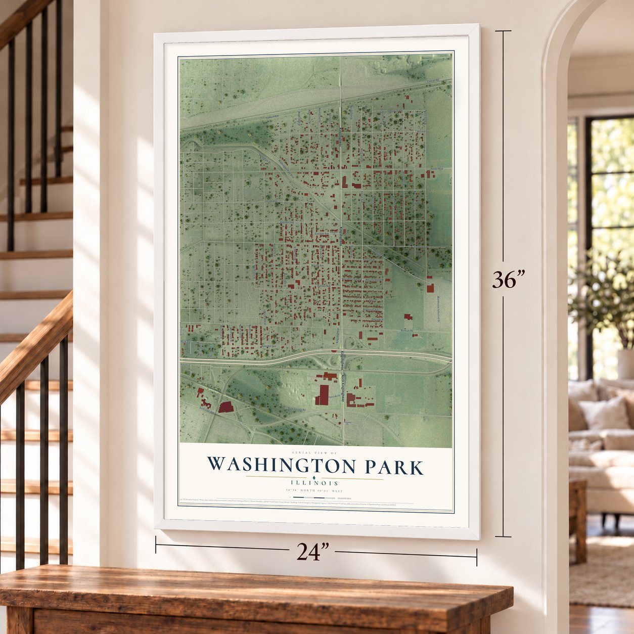 Washington Park, Illinois map, 24 x 36 inch print in a white frame by a staircase