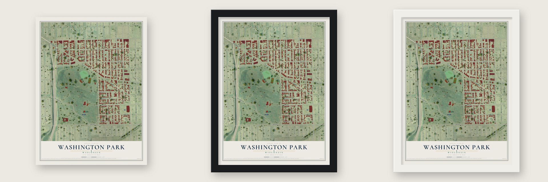 Washington Park, Wisconsin map unframed, in a black wood frame and in a white wood frame