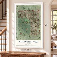 Washington Park, Wisconsin map, 24 x 36 inch print in a white frame by a staircase