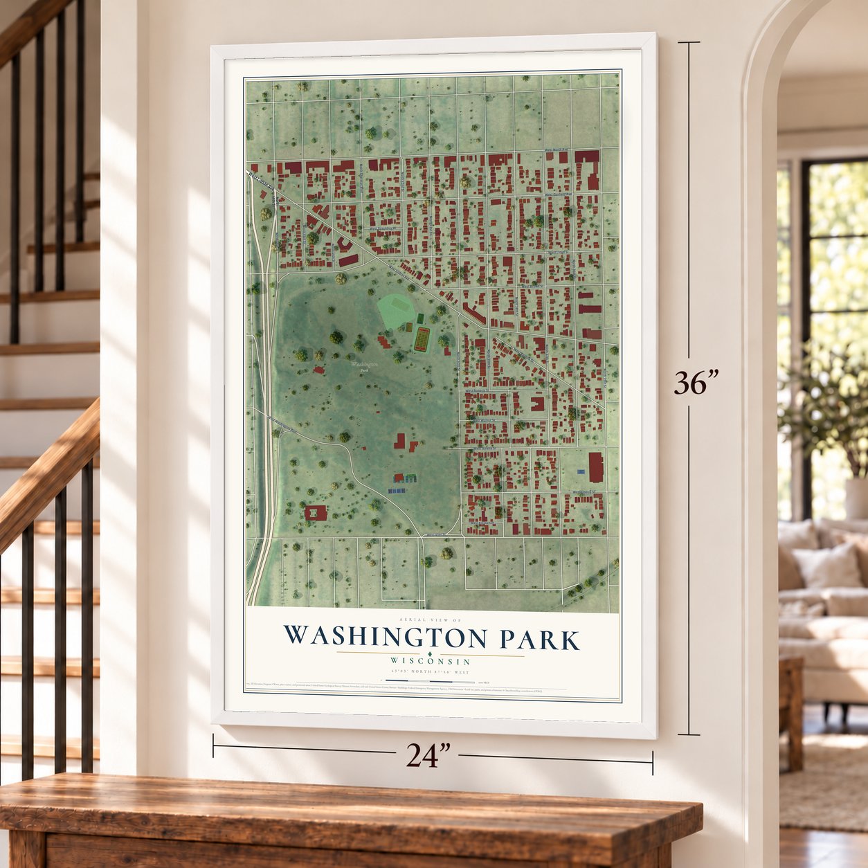 Washington Park, Wisconsin map, 24 x 36 inch print in a white frame by a staircase