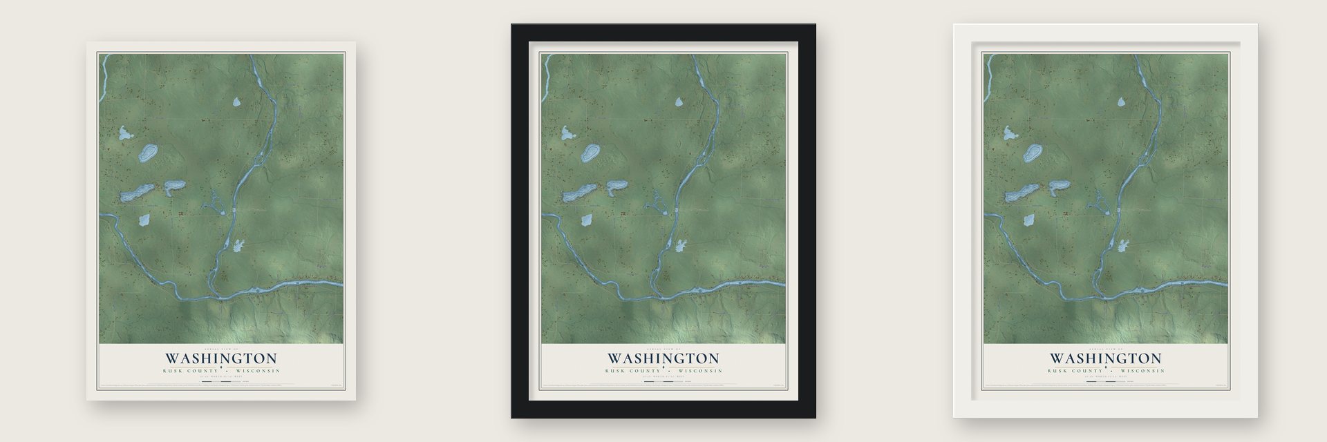 Washington, Rusk County, Wisconsin map unframed, in a black wood frame and in a white wood frame