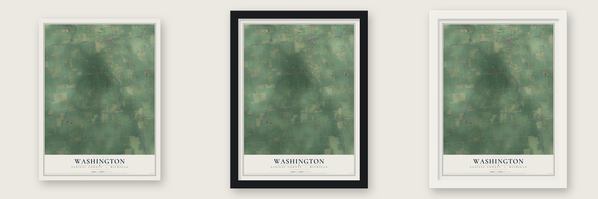 Washington, Sanilac County, Michigan map unframed, in a black wood frame and in a white wood frame