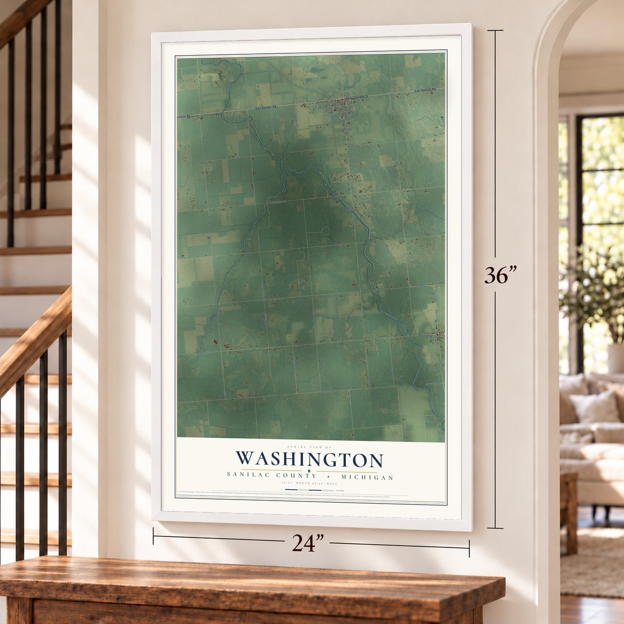 Washington, Sanilac County, Michigan map, 24 x 36 inch print in a white frame by a staircase