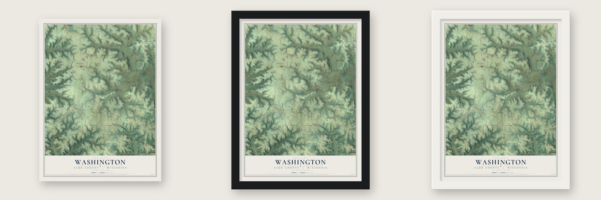 Washington, Sauk County, Wisconsin map unframed, in a black wood frame and in a white wood frame