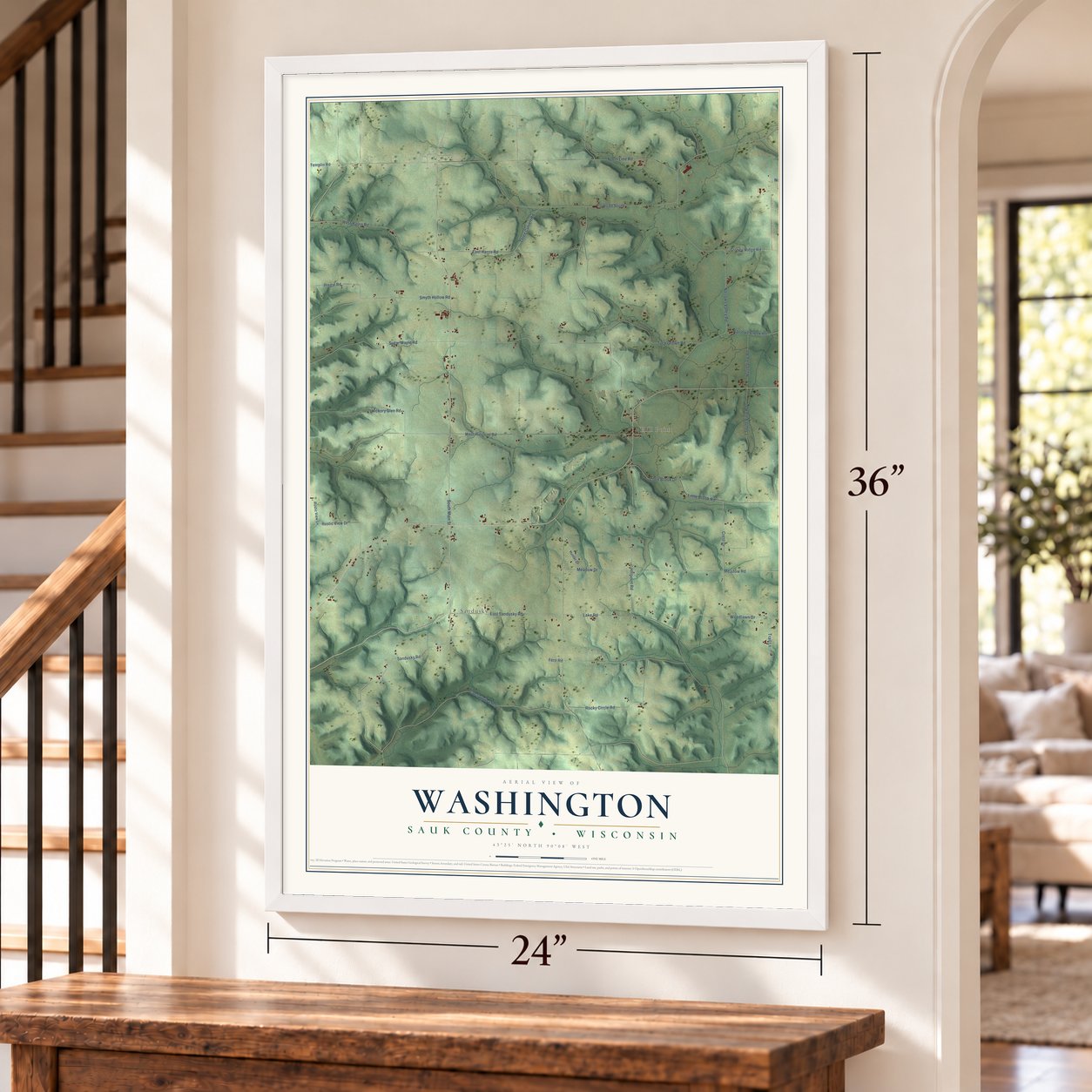Washington, Sauk County, Wisconsin map, 24 x 36 inch print in a white frame by a staircase