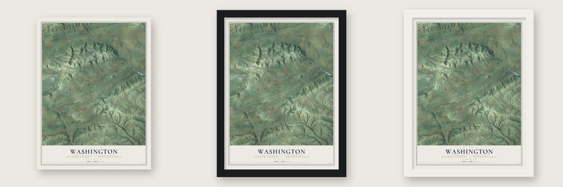 Washington, Snyder County, Pennsylvania map unframed, in a black wood frame and in a white wood frame