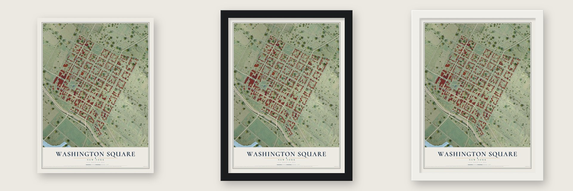 Washington Square, New York map unframed, in a black wood frame and in a white wood frame