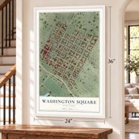 Washington Square, New York map, 24 x 36 inch print in a white frame by a staircase