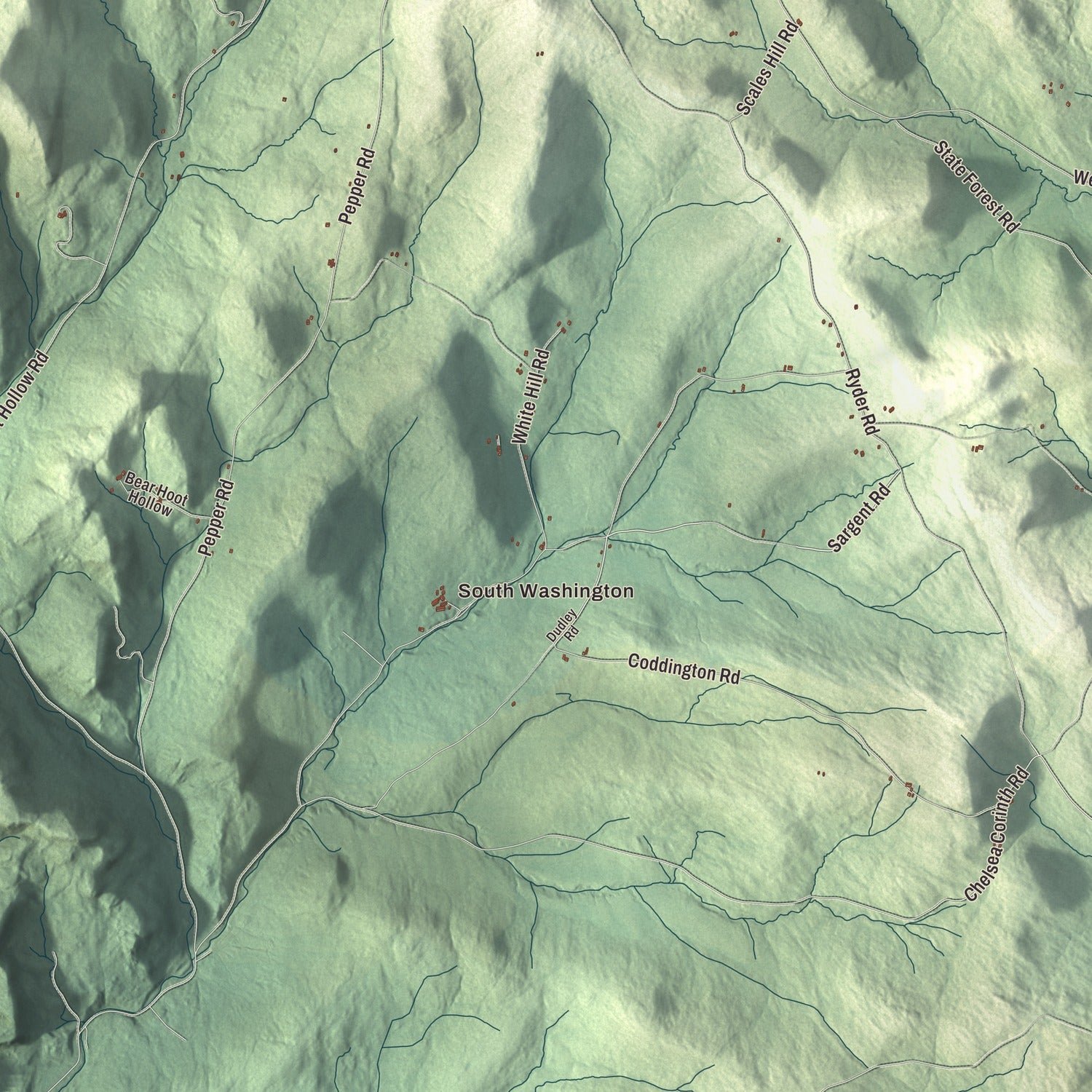 Close-up of the map of Washington, Vermont print showing terrain and local geography