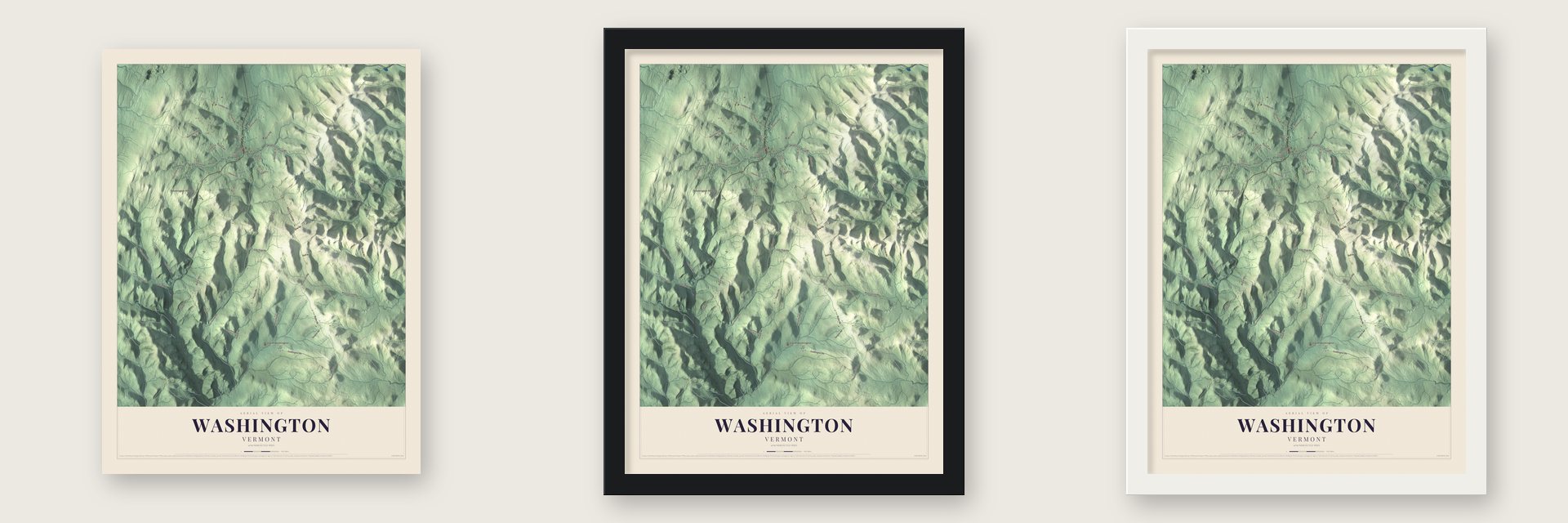 Washington, Vermont map unframed, in a black wood frame and in a white wood frame