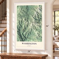 Washington, Vermont map, 24 x 36 inch print in a white frame by a staircase